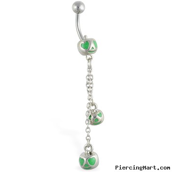 Green heart pumpkin face belly ring with dangling pumpkins