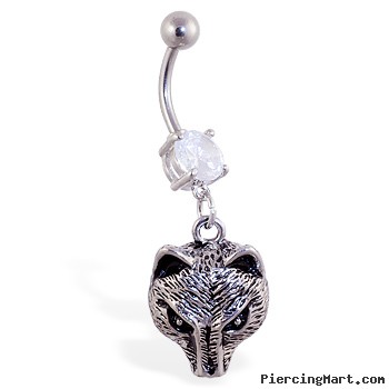 Belly ring with dangling wolf face