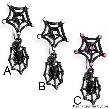Black reversed web belly ring with dangling spider on web
