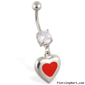 Navel ring with dangling steel red heart