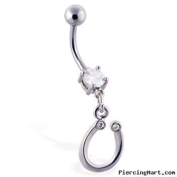 Navel ring with dangling jeweled horseshoe