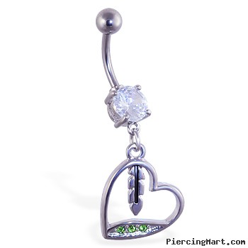 Belly ring with dangling jeweled green heart and feather