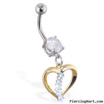 Navel ring with dangling gold colored heart with gems