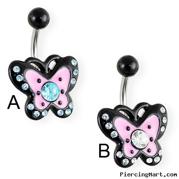 Jeweled pink and black butterfly belly ring