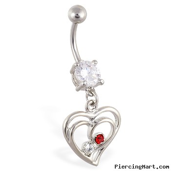 Navel ring with dangling double hearts with gems