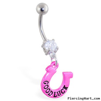 Jeweled belly ring with dangling "Good Luck" horseshoe