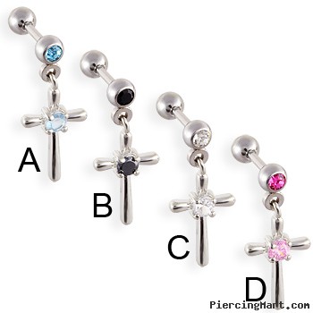 Straight barbell with dangling jeweled cross