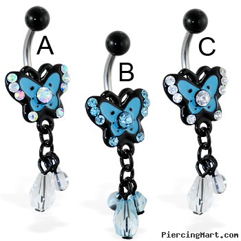 Jeweled butterfly belly ring with dangling stones