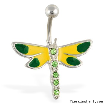 Green and yellow dragonfly belly ring