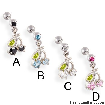Straight barbell with dangling jeweled cherries