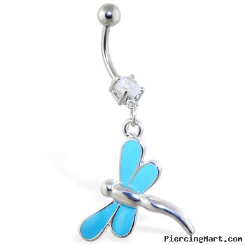 Belly ring with dangling light blue dragonfly