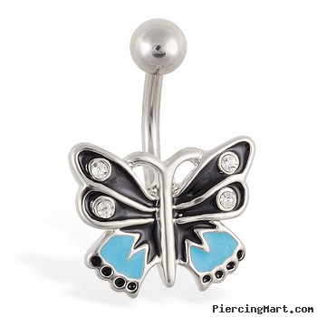 Blue and black butterfly belly ring