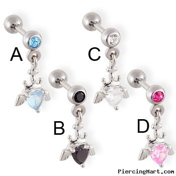 Straight barbell with dangling jeweled heart with wings