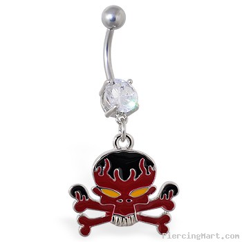 Navel ring with dangling flame skull and crossbones