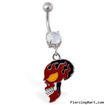 Belly ring with dangling red flame skull