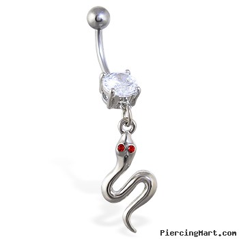 Navel ring with dangling curved snake with red gem eyes