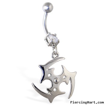 Navel ring with dangling round tribal symbol