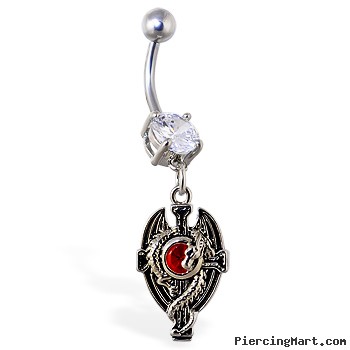 Navel ring with dangling dragon and cross with red gem