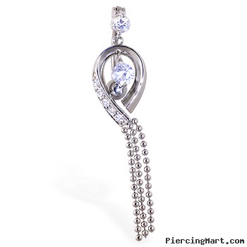 Reversed belly button ring with dangling jewels and chains