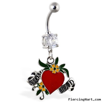 Navel ring with dangling heart "MOM" and "DAD"