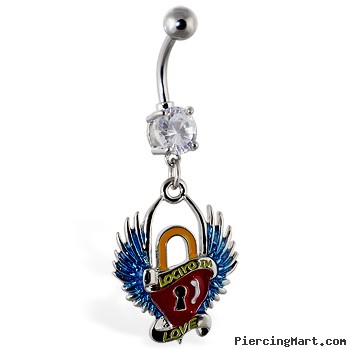 Navel ring with dangling heart lock with wings