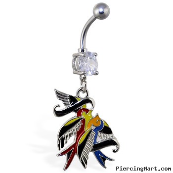 Navel ring with dangling colorful birds