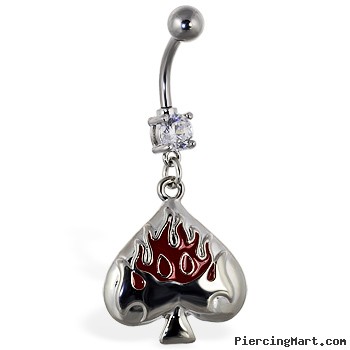Navel ring with dangling spade with flames