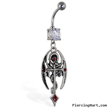 Navel ring with dangling dragon and cross