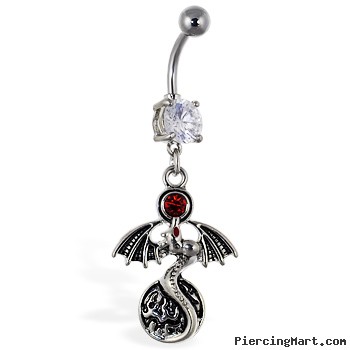 Navel ring with dangling dragon with red gem and circle