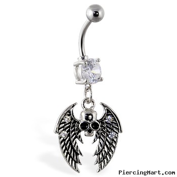 Navel ring with dangling skull with wings