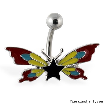 Butterfly navel ring with star and multi-color wings