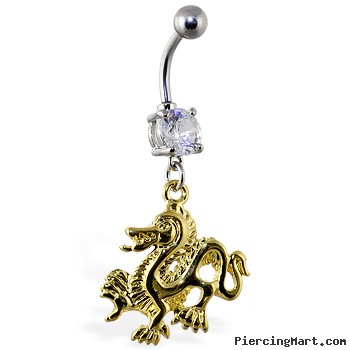 Navel ring with dangling gold colored dragon