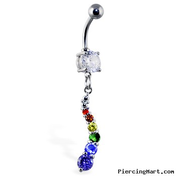 Navel ring with curved rainbow jeweled dangle