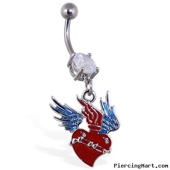 Navel ring with dangling heart with wings