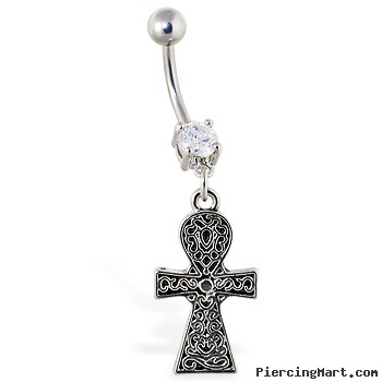 Navel ring with dangling celtic ankh