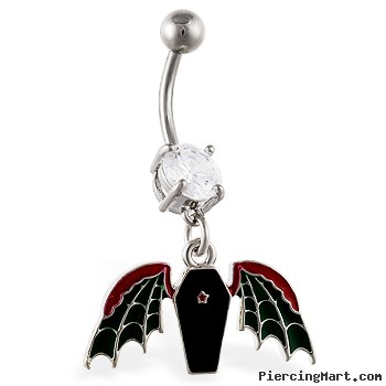 Navel ring with dangling coffin with wings