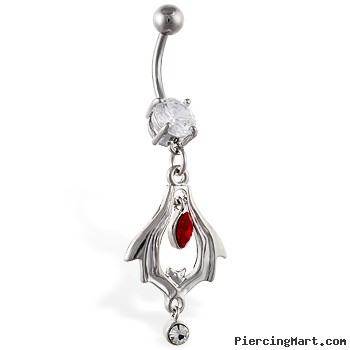 Navel ring with dangling bat tribal design with red and clear stone