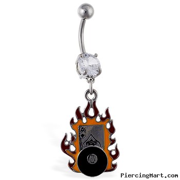 Navel Ring with Dangling Flaming Ace And 8-Ball