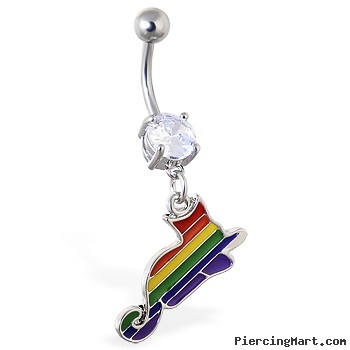 Navel ring with dangling rainbow pussy cat