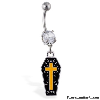 Navel ring with dangling coffin with cross