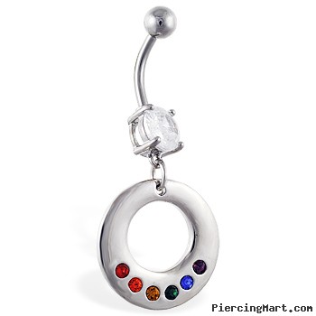 Navel ring with dangling circle with rainbow gems