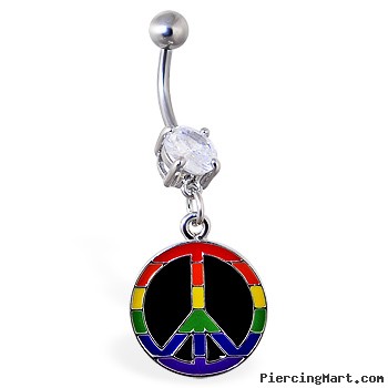 Navel ring with dangling rainbow peace sign