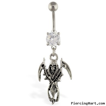 Navel ring with dangling grim reaper