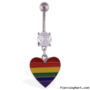 Navel ring with dangling rainbow heart