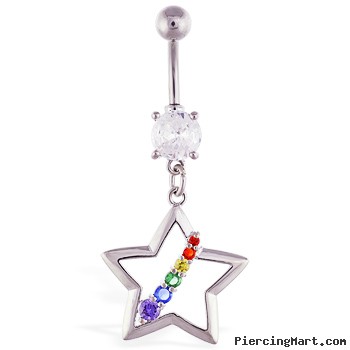 Navel ring with dangling hollow star and rainbow gems