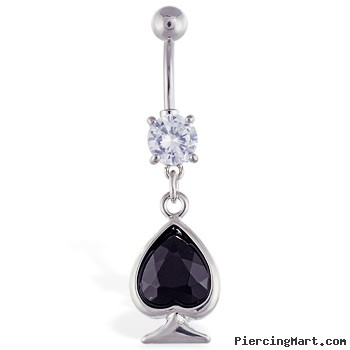 Navel ring with dangling large black jeweled spade