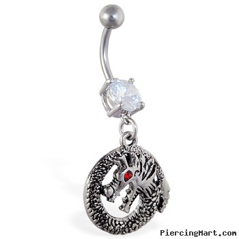 Navel ring with dangling circle dragon with red gem eye