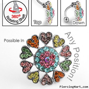 Multi-color multi-gem heart burst flower reversed hinged navel ring