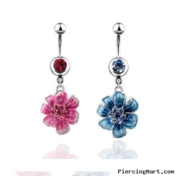 Navel ring with dangling jeweled flower