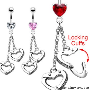 Navel ring with dangling heart locking cuffs